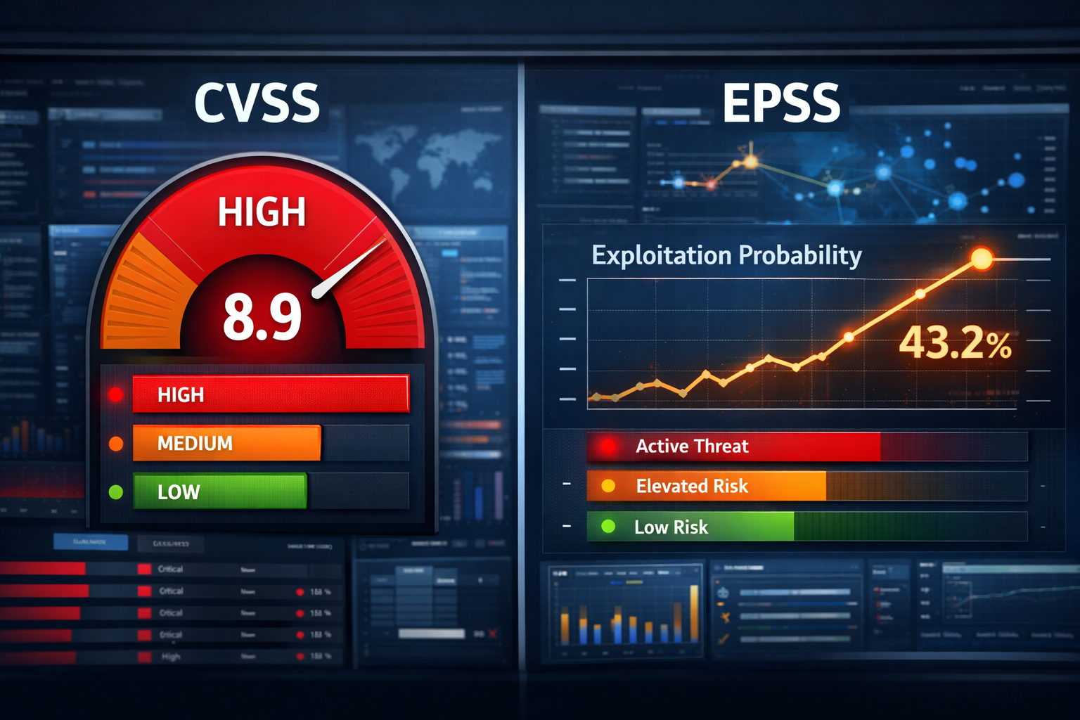 Diagram illustrating CVSS severity scoring compared with EPSS exploit probability in vulnerability prioritisation workflows