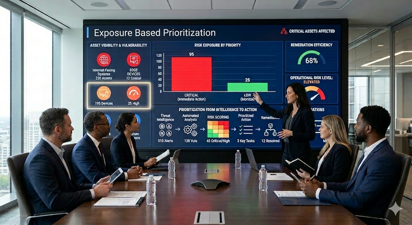Executive cybersecurity dashboard showing exposure-based vulnerability prioritization, highlighting high-risk systems, edge devices, and operational decision-making.