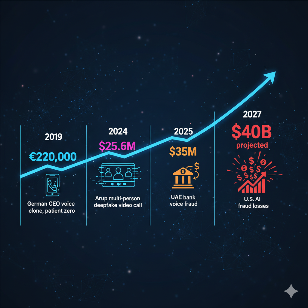 Timeline showing the rise of AI voice fraud from the 2019 German CEO case of €220,000 to $25.6 million Arup deepfake attack, $35 million UAE bank fraud, and projected $40 billion losses by 2027.