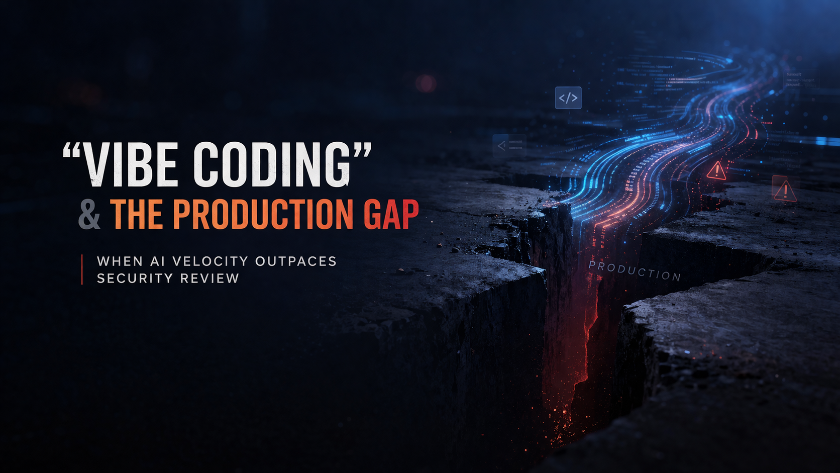 AI development speed outpacing security controls visualised as a production gap
