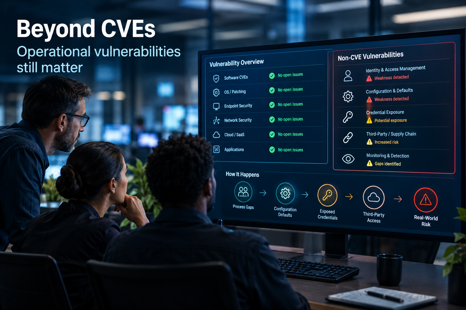 Cybersecurity analysts review a dashboard showing green CVE status alongside non-CVE weaknesses in identity controls, configuration, exposed credentials and monitoring, illustrating operational vulnerabilities beyond software flaws.