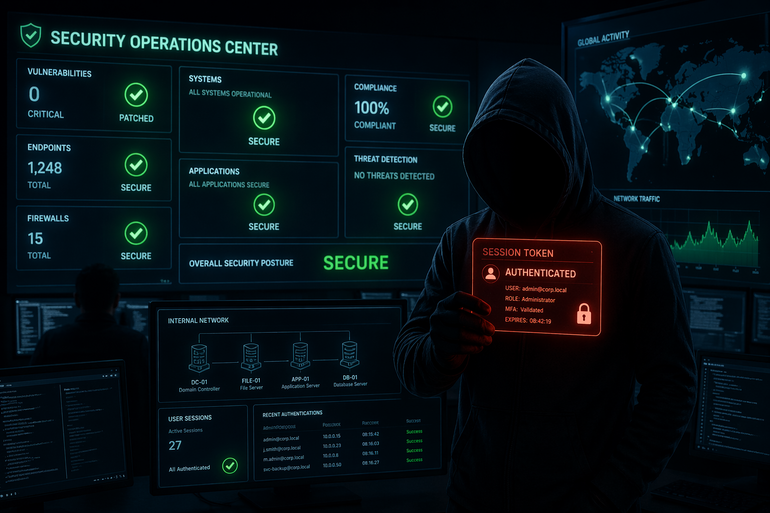 Security dashboard showing all systems green and compliant while a hidden attacker inside the network uses a valid session token to move laterally undetected