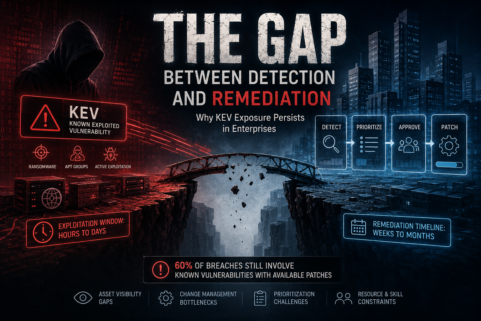Cybersecurity illustration showing the operational gap between vulnerability detection and enterprise remediation workflows for KEV exploitation and ransomware threats.