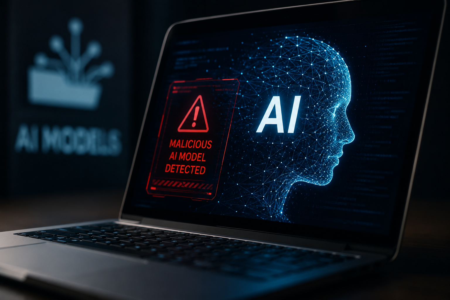 AI security concept showing a digital AI model interface on a laptop screen with a malicious model warning, representing AI supply chain attacks and compromised machine learning models.AI security concept showing a digital AI model interface on a laptop screen with a malicious model warning, representing AI supply chain attacks and compromised machine learning models.