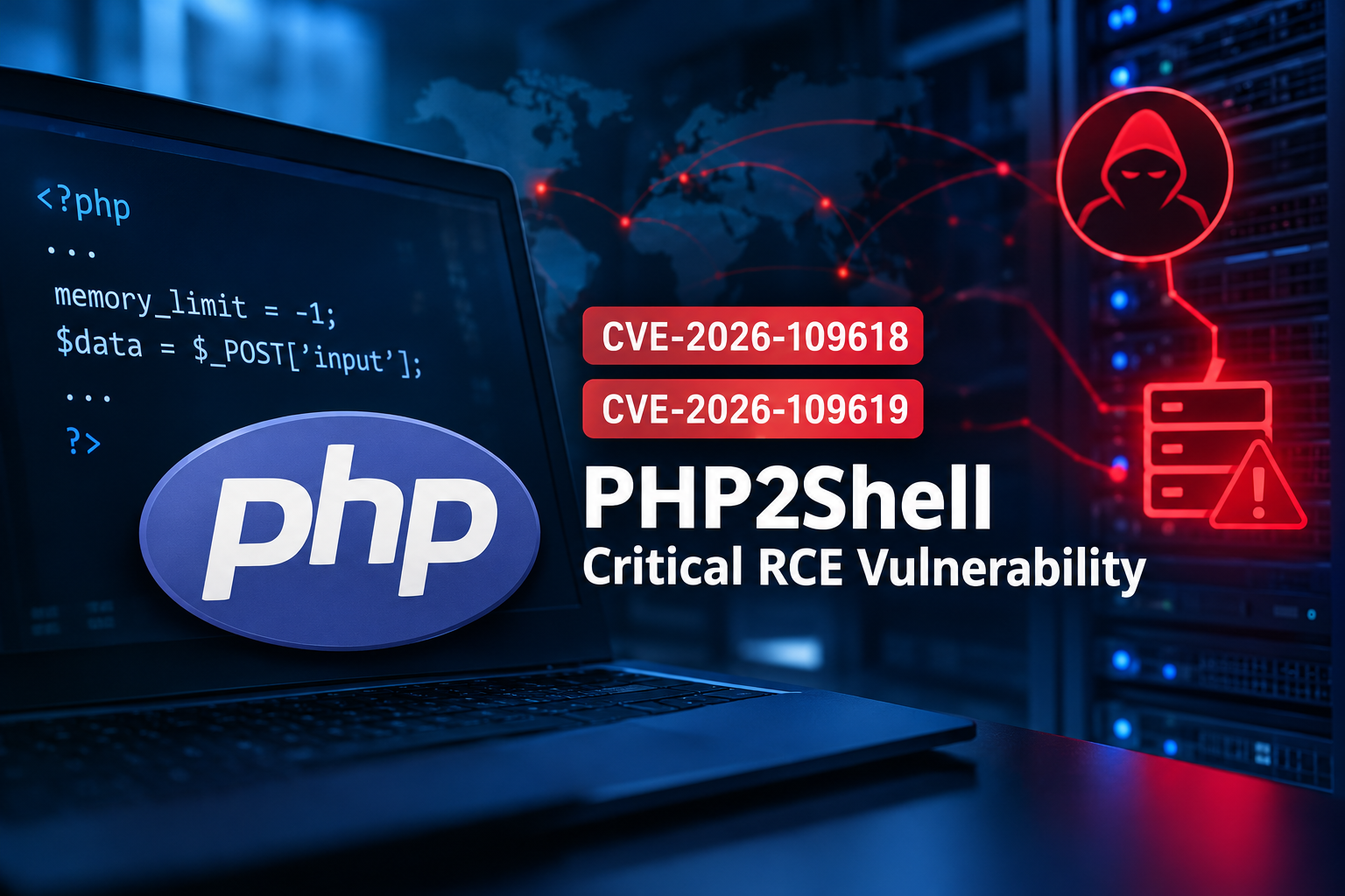 PHP2Shell critical PHP remote code execution vulnerabilities CVE-2026-109618 and CVE-2026-109619, illustrated with PHP code, a server infrastructure and cyberattack warning.