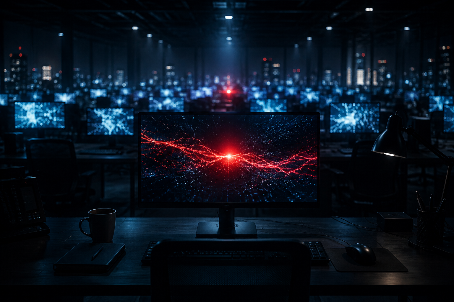 Security operations centre at night showing one prominent red alert signal standing out from a field of blue monitors, representing critical vulnerability signals amid security noise.